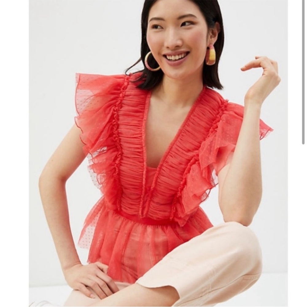 Anthropologie Geisha Designs Coral Tulle Ruffled Sleeveless Peplum Plus Top 1X